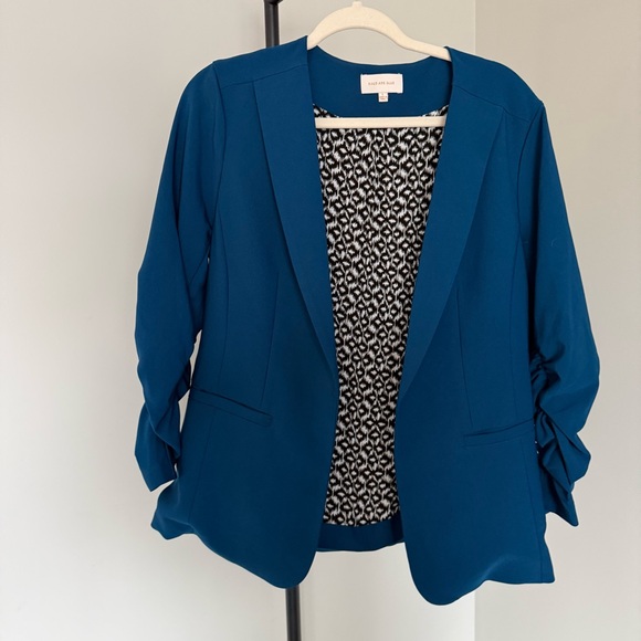 Skies Are Blue Jackets & Blazers - Skies Are Blue Teal Open Front Blazer Ruched Sleeve Large Anthro Style